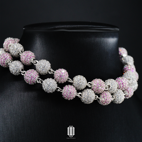 2-Tone Iced Out Bead Necklace - White Gold