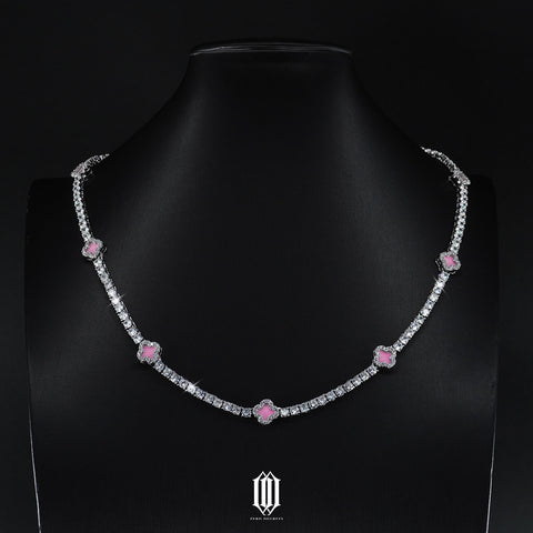 4mm Pink Clover Tennis Necklace - White Gold
