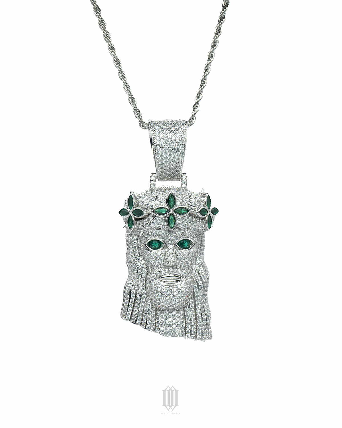 Green Clover Jesus Piece - White Gold