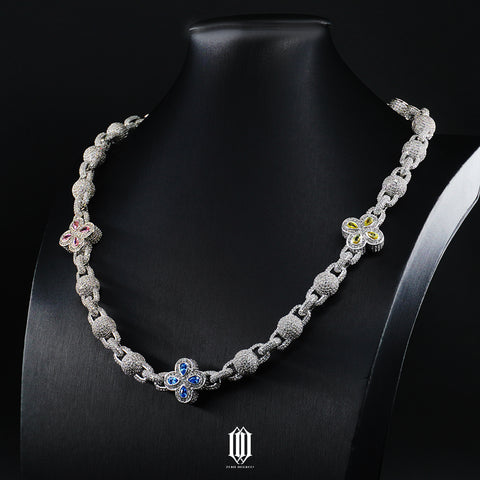 10mm Tricolor Iced Out Clover Bead Necklace - White Gold