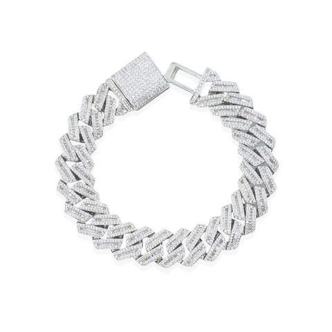 15mm Baguette Prong Cuban Bracelet - White Gold