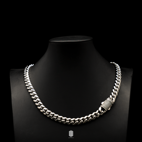 12mm Iced Out Clasp Plain Jane Necklace - White Gold