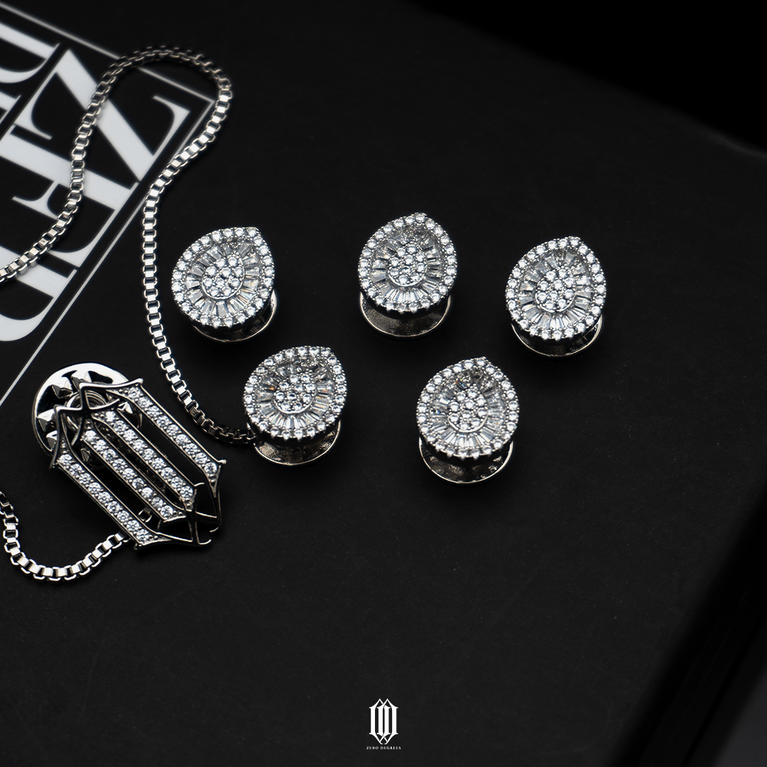 Sunburst Pave Butang Baju - White Gold