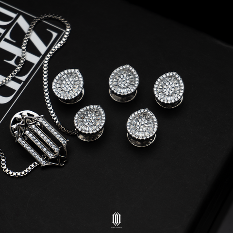 Sunburst Pave Butang Baju - White Gold