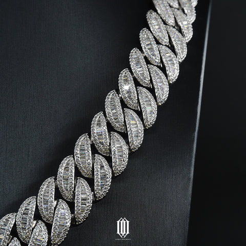 20mm Baguette Curb Cuban Chain - White Gold