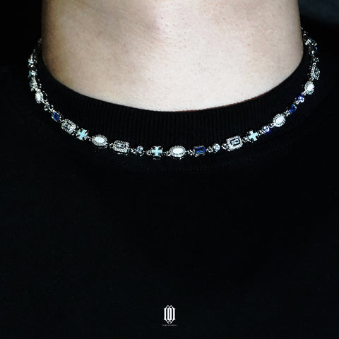 Blue Clustered Radiant Cut Necklace - White Gold