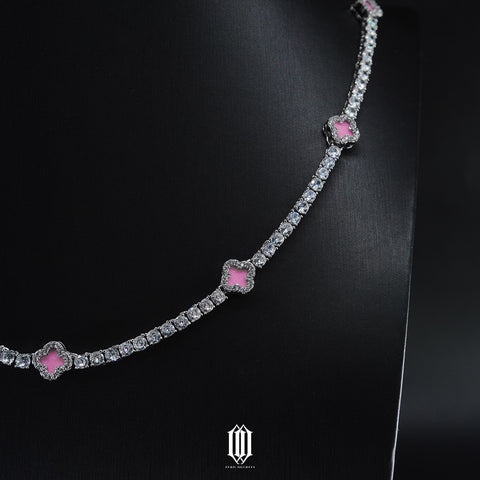 3mm Pink Clover Tennis Necklace - White Gold