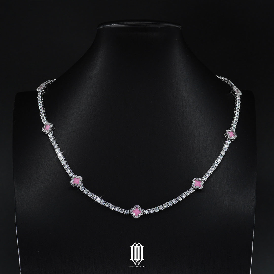 4mm Pink Clover Tennis Necklace - White Gold