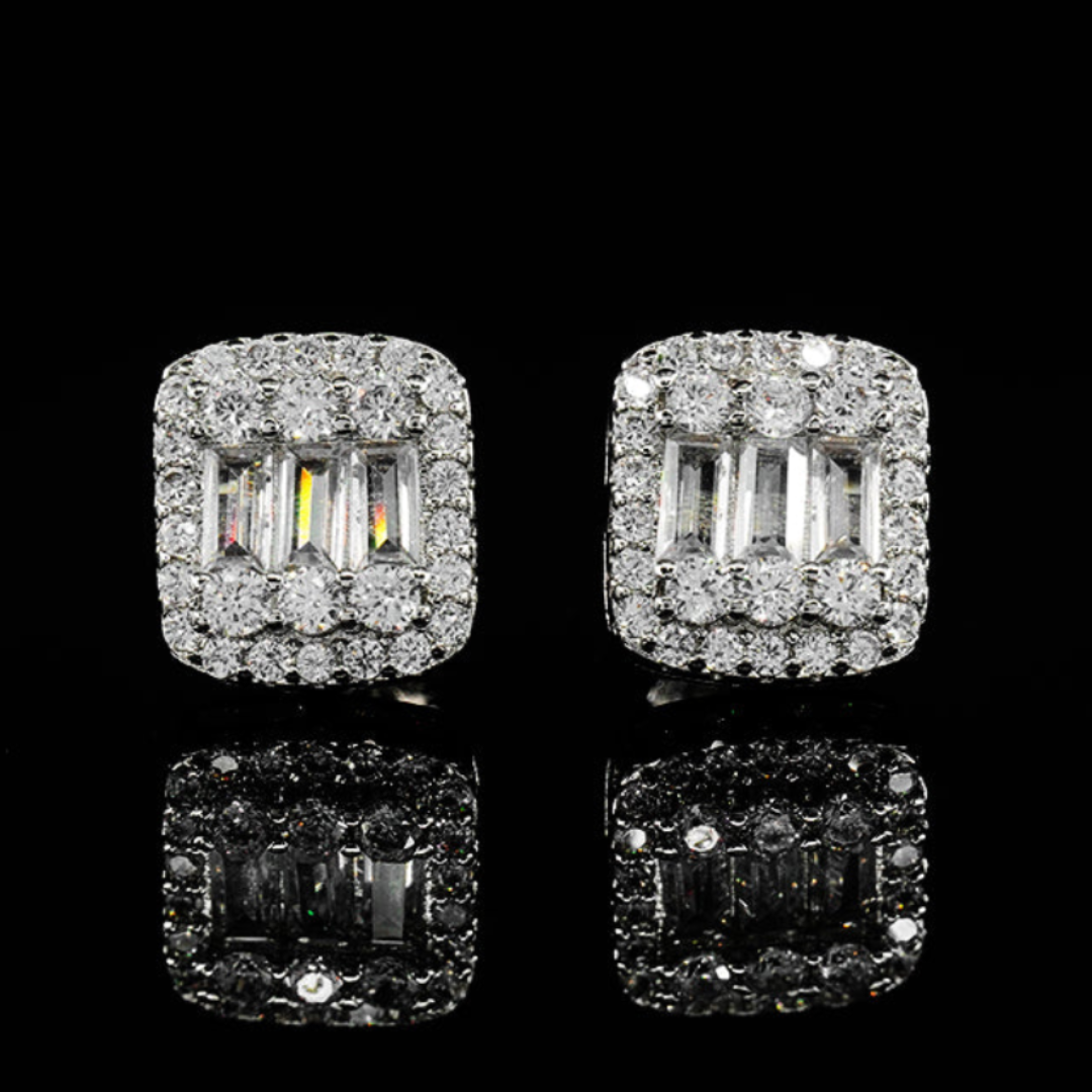 Clustered Baguette Cut Earrings - White Gold