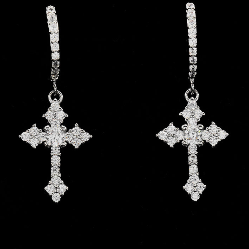 Clustered Cross Earrings - White Gold