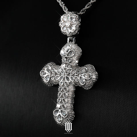 Teardrop Lotus Cross Pendant - White Gold