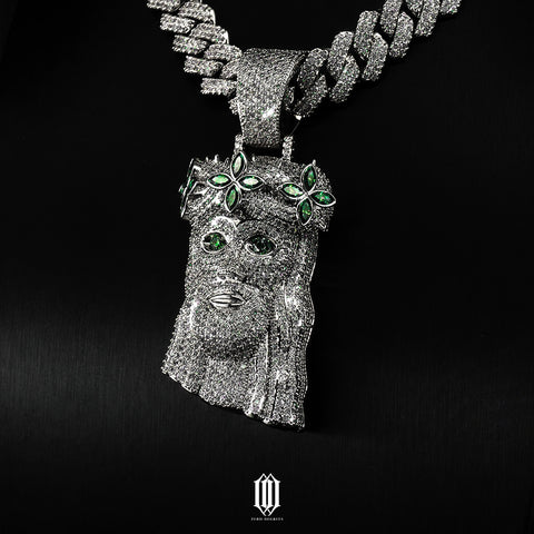 Green Clover Jesus Piece - White Gold