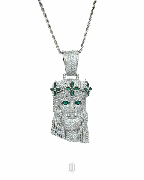 Green Clover Jesus Piece - White Gold