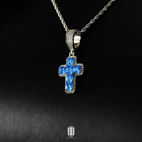 Blue Princess Cut Cross Pendant - White Gold