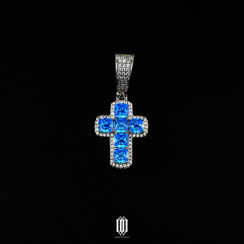 Blue Princess Cut Cross Pendant - White Gold