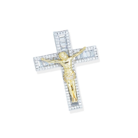 2 Tone Crucifix Baguette Cross Pendant