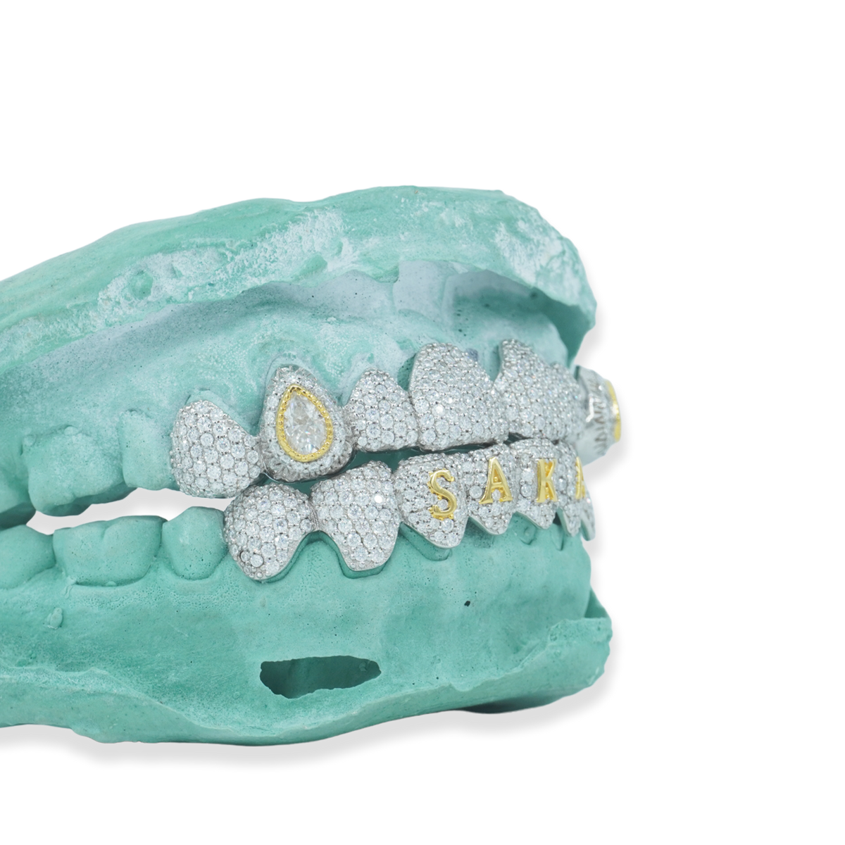 Custom Iced Out Grillz W/ Pear Cut Stones on Fang