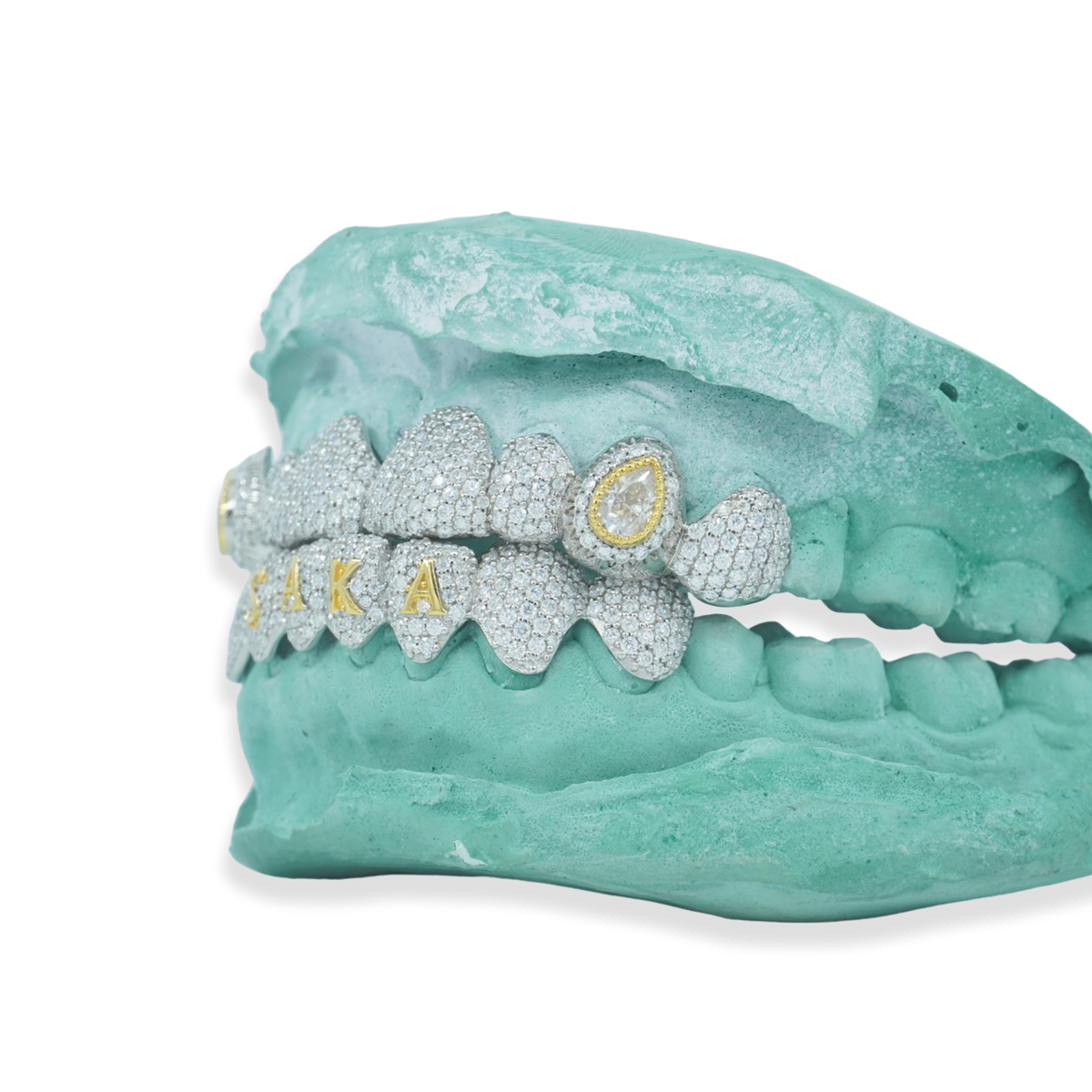 Custom Iced Out Grillz W/ Pear Cut Stones on Fang