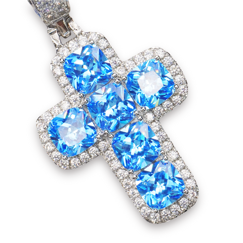 Blue Princess Cut Cross Pendant - White Gold
