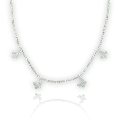 2mm Butterfly Tennis Link Necklace - White Gold