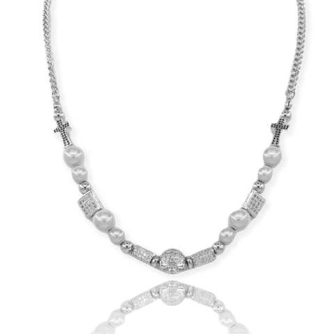 Iced Out Skull Pearl Necklace -White Gold